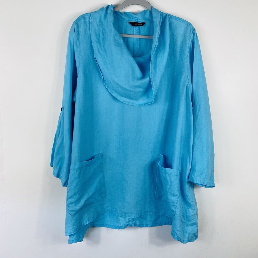 Ali Miles Tunic Top Blue Linen Cowl Neck Pocket